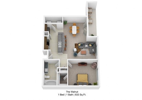 Floor plan for 1 bed, 1 bath, 833 sqft